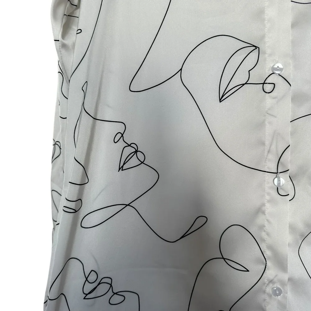 Contemporary Womens Faces Long Shirt Dress Duster Sz M White ‎ Abstract Art Deco